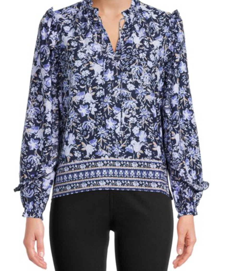 Time and Tru Women's Mixed Print Ruffle Top with Long Sleeves Size S NWT